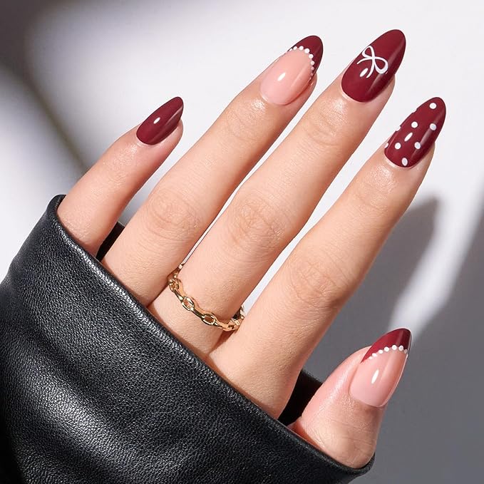 Modelones Red Press on Nails Almond, New Years Polka Dot Short Almond Fake Nails, Reusable Nail Kit with Nail Glue Adhesive Tabs Mini Nail File Nails Press Ons 32Pcs 16 Sizes, Women Girl Gift