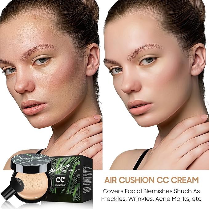 Mushroom Head Air Cushion CC Cream - BB Cream Long-Lasting Color Changing Foundation, Full Coverage Concealer for Older Women, Moisturizing & Brightening Foundation for Mature Skin Makeup (Ivory)