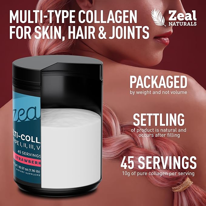 Premium Multi Collagen Peptides Powder (1, 2, 3, 5 & 10) with Protein. Vitamin C, Biotin, Hyaluronic Acid, for Hair Skin and Nails - Marine, Bovine, Chicken & Eggshell (Strawberry, 45 Servings)