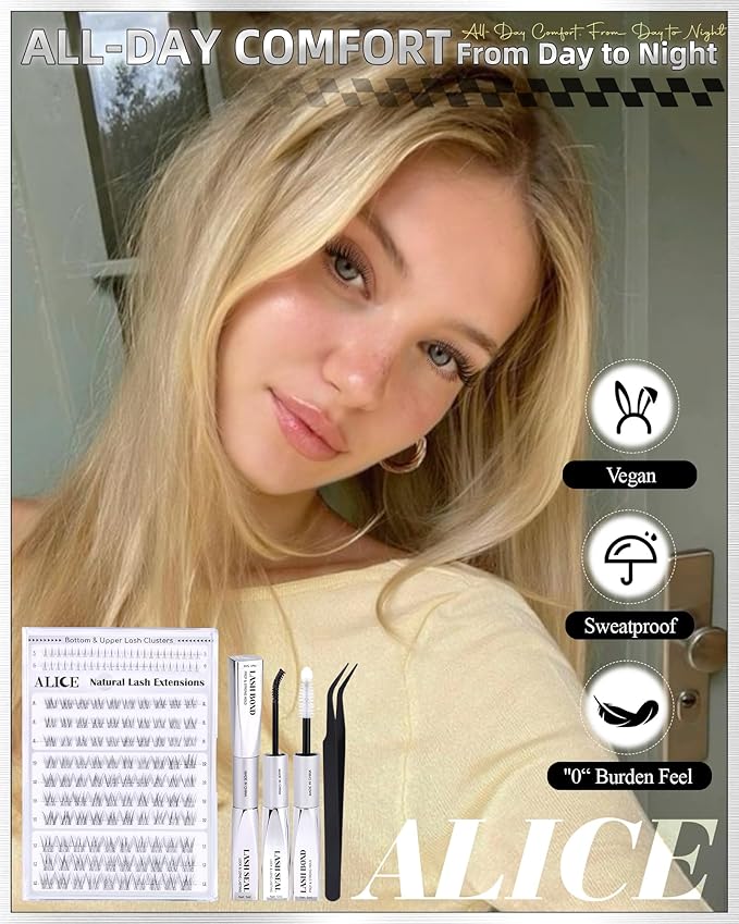 ALICE Short Lash Clusters Kit 8mm-10mm-12mm Natural Clear Band Cluster Eyelash Extension Kit Wispy Eyelash Clusters Kit with Bottom Lashes Bond and Seal DIY at Home
