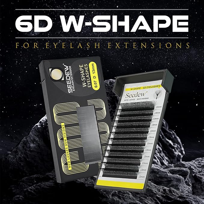 SEEDEW 6D Lash Extensions, 0.07mm D Curl MIX8-15mm 12 Rows/Tray, W Shape Flat Stem, PBT Mega Volume Eyelash Grafting for Beginner Artist, Lash Tech, Beauty Salon(6D-Matte Black-0.07-D-MIX8-15mm)
