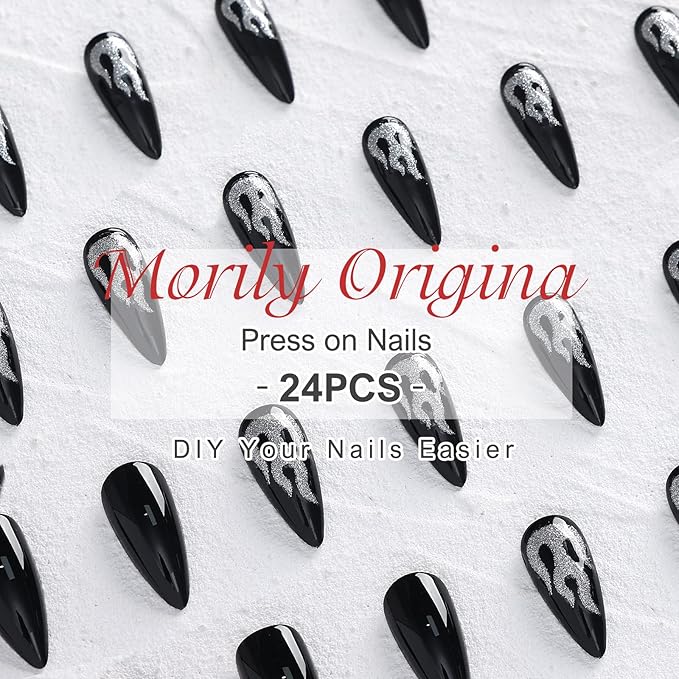 morily Black Press on Stiletto Nails Medium Length Glossy Fake Nails with Fire Pattern Design Acrylic Stick on Nails Long Full Cover Artificial False Nails Manicure for Women (Black Flame)