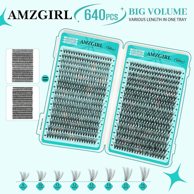Lash Clusters Kit 640Pcs, 30D+40D Eyelash Extension Kit, Lash Bond and Seal Waterproof, Lash Remover, Lash Applicator Tool and Function Brush for DIY Eyelash Cluster Kit(D-Mix9-16mm Kit)