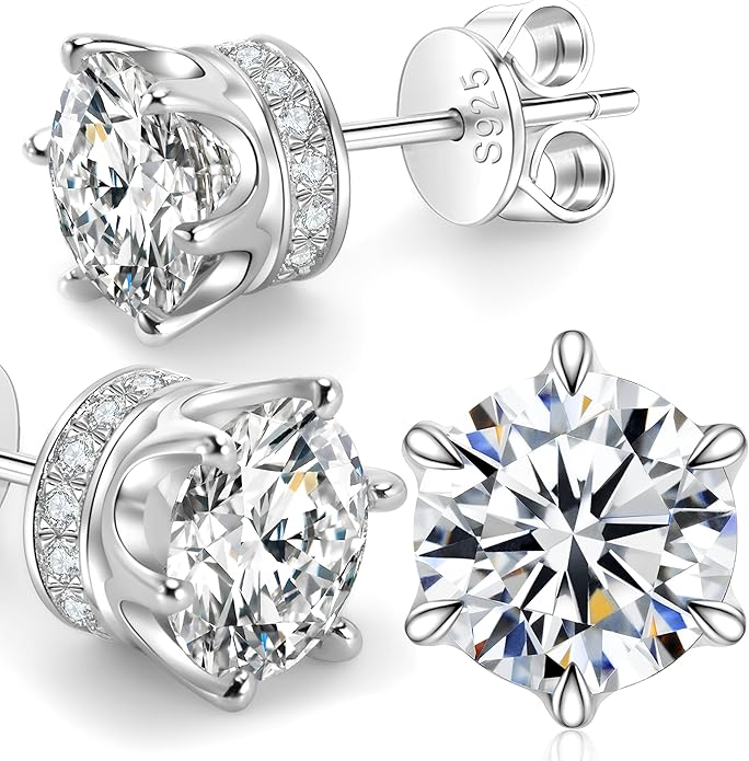 Moissanite Stud Earrings 1.2ct-2.4 ct DF Color Grade Round Cut Lab-Grown Moissanite Earrings 18K White Gold Plated Sterling Silver Friction Back for Women Men