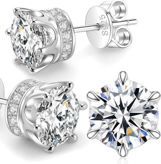 Moissanite Stud Earrings 1.2ct-2.4 ct DF Color Grade Round Cut Lab-Grown Moissanite Earrings 18K White Gold Plated Sterling Silver Friction Back for Women Men