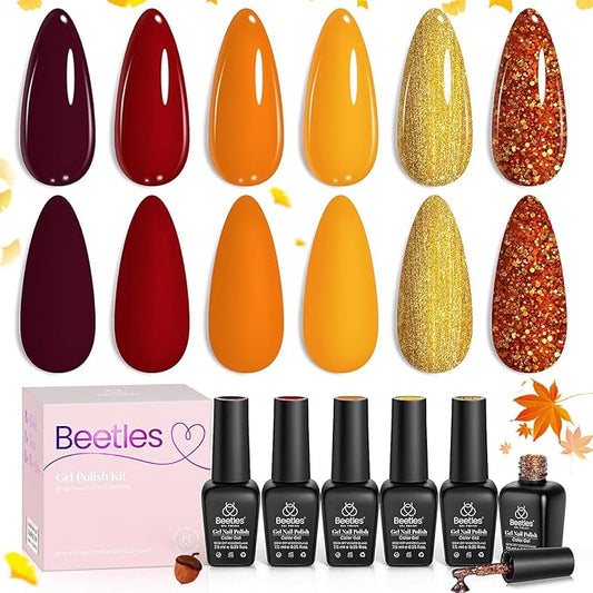 Beetles Fall Gel Nail Polish Set 6 Colors Gel Polish Red Orange Brown Gold Glitter Kit DIY Home Nail Art Manicure Kits UV LED Needed Gifts for Women Golden Blessing
