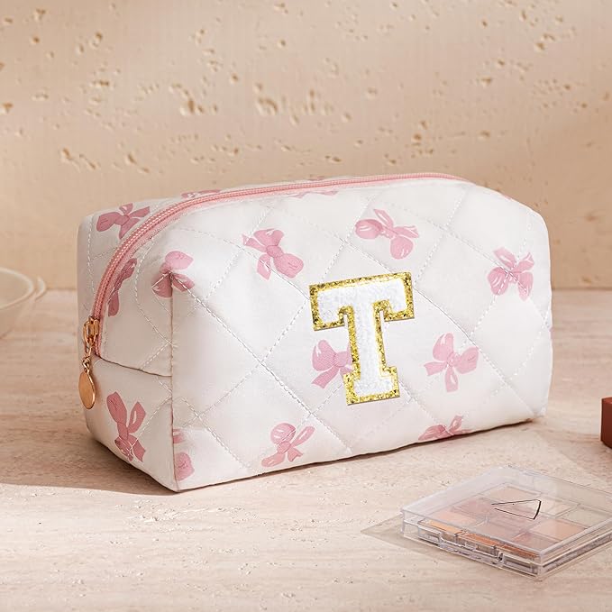 HBselect Initial Makeup Bag for Women, Pink Cosmetic Travel Toiletry Bag, Flowers Zipper Make Up Pouch Organizer Teen Girl Gifts Trendy Stuff T