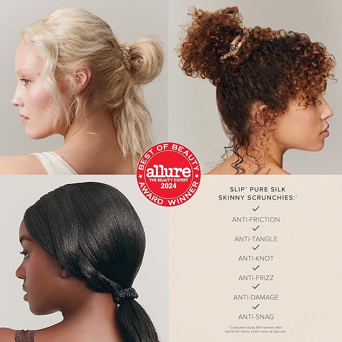 slip Silk Skinny Scrunchies - Light Brown | Set of 4 Skinny Scrunchies | 100% Mulberry Silk, Anti-Crease, Gentle on Hair, Reduces Breakage | Stylish & Durable, Ideal for All Hair Types