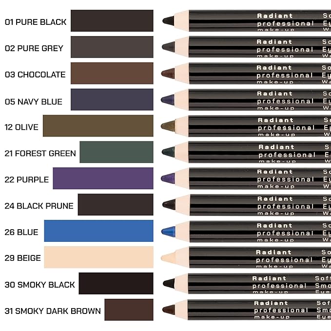 Radiant Professional Black Waterproof Eyeliner Pencil - Eyeliner Waterproof Smudge Proof for Woman - Long Lasting Under Eye Pencil for Smoky Eye - Soft Waterline Eye liner with Smudger Tool -Black(01)