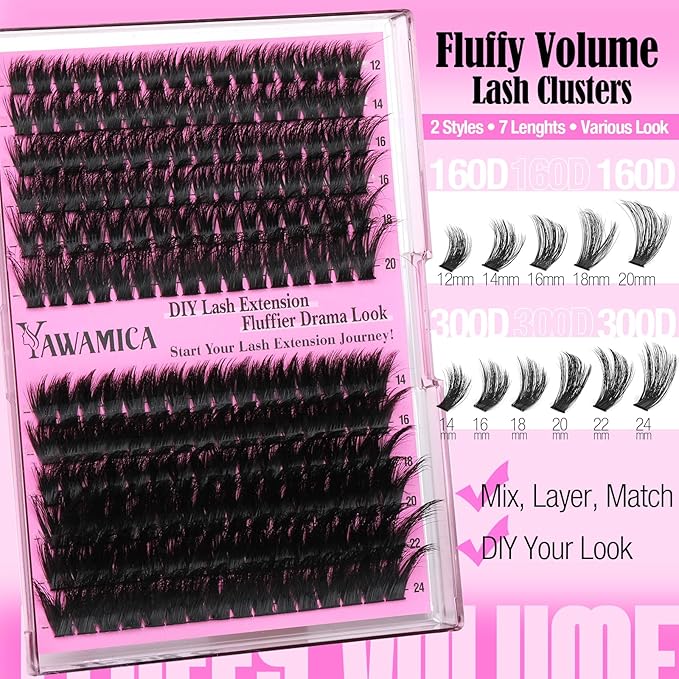 Yawamica Volume Lash Clusters Fluffy Wispy Eyelash Clusters 160D+300D Cluster Eyelash Extensions 12-24mm Long Thick Individual Lashes Dramatic Full Cluster Lashes DIY Salon Extension by Self