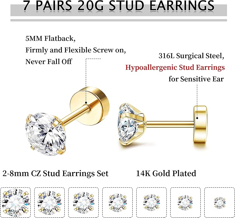 Fansilver 20G Hypoallergenic Flat Back Earrings for Women Men Silver 14K Gold Stainless Steel Stud Earrings Brithstone Cubic Zirconia Studs Surgical Steel Cartilage Earrings for Sensitive Ears