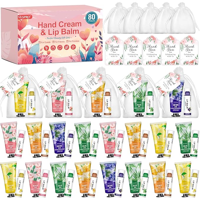80 Sets Bulk Hand Cream and Bulk Lip Balm Gifts, Stocking Stuffers for Women, Bridesmaid Gifts, Christmas Gifts for Guests with Thank You Card and Organza Bags, Thank You Gifts for Coworkers Women