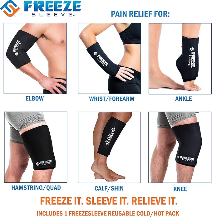FreezeSleeve Ice and Heat Therapy Sleeve | Reusable Ice Pack Flexible Gel Compression Sleeve for Pain Relief and Recovery of Elbow Knee Ankle Leg Wrist Injuries | Black Small Medium