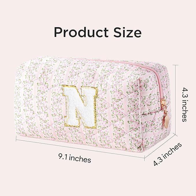 HBselect Initial Makeup Bag for Women, Pink Cosmetic Travel Toiletry Bag, Flowers Zipper Make Up Pouch Organizer Teen Girl Gifts Trendy Stuff N