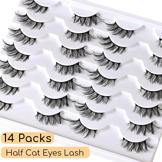 APCYUST Half Lashes False Eyelashes Wispy Fake Lash Strips Natural Cat Eye Strip Eyelash Pack 14 Pairs Mink Half Lashes Cateye 7-15mm Half Eyelashes for Women