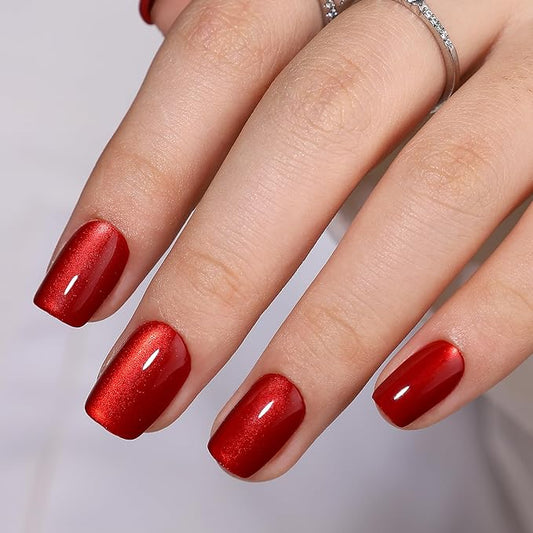 RPNZL Press On Nails - Ruby | Red Cat Eye Short Square UV Finish Nails, Salon Quality | 32 Nails, 16 Sizes Kit with Glue and Adhesive Tabs I Female Founded