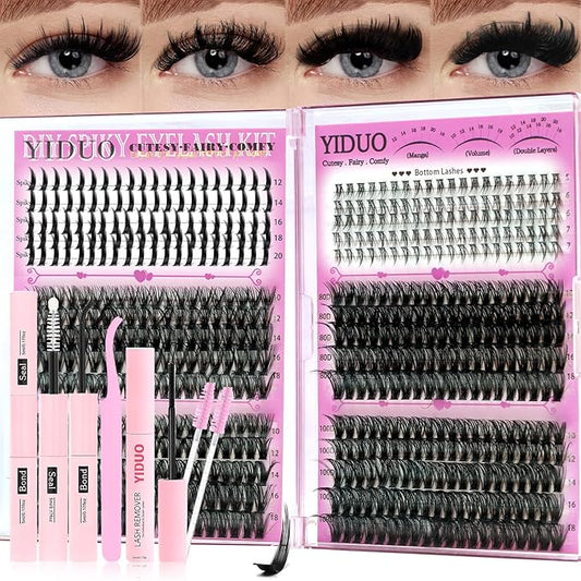 YIDUO Lashes Clusters Kit Bottom Lashes Clusters with Spikes Wispy Manga Volume Thick Individual Lash D Curly Cluster Eyelash 600pcs Cluster Eyelash Extensions with Lash Bond and Seal Tweezers Remover