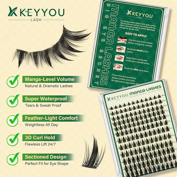 KEYYOU LASH Manga Lash Clusters 144pcs D Curl 8-18mm Fairy Eyelash Clusters Natural DIY Lash Extension Thick Wispy with Soft Thin Band(Faye)