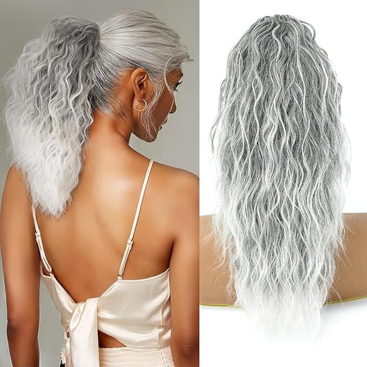 Ponytail Extension, Claw Clip on Pony tails Hair Extension for Women 18 Inch Long Wavy Curly Fake Ponytail Clip in Hair Pieces for Women Fluffy Natural Looking (Omber Grey, 18 Inch)