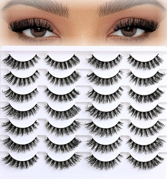 APCYUST Lashes Fluffy False Mink Eyelashes 14 Pairs Cat Eye Lashes Fake Russian Strip Eyelash Natural Lash Strips Eye Lashes Pack D Curl Short Lashes Natural Look Wispies Cateye Lashes for Women