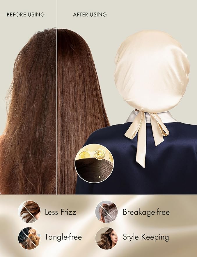 LilySilk 100% Mulberry Silk Bonnet Flat Front Silk Night Sleep Cap Adjustable Hair Wrap for Sleeping, Gravel Gold