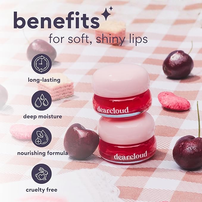 dearcloud Dewy Lip Jam – Hydrating Lip Balm & Gloss with Vitamin E, Korean Skincare (Deep Cherry)
