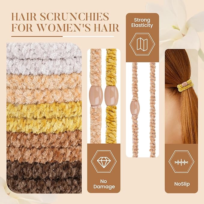 Braided Hair Ties No Damage, 10 Pcs Soft Plush Hair Bands for Women's Hair, Bracelet Hair Elastics & Ponytail Holders for Thick Hair - Terra Brown