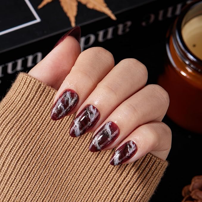 VSALON Press on Nails Short Almond - Brown Marble Glitter Glue On Nails Kit for Women, Reusable Opaque Salon Quality Winter Fake Nails - 32 PCS Stick on Nails in 16 Sizes with Glue & Cuticle Oil