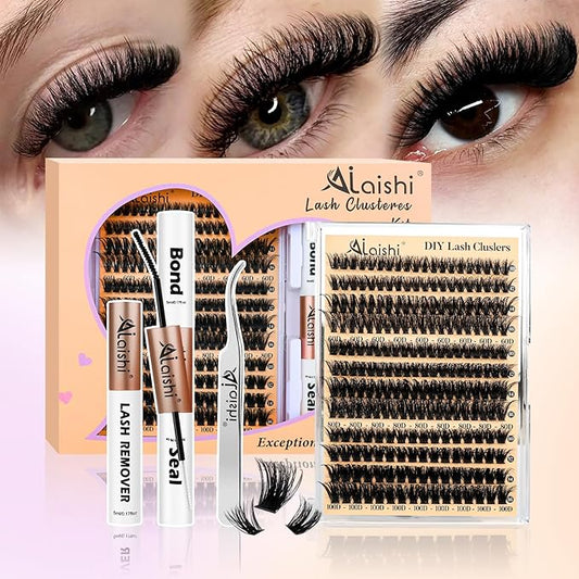 AILAISHI Lash Clusters Kit, DIY Cluster Eyelash Extensions 9‑16mm, 60D+80D+100D, 224pcs Fluffy D Curl Natural Lashes with Bond & Seal,Remover,Tweezers,Brush–Fake Cat Eye Individual Clusters