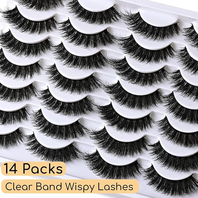 APCYUST Lashes Volume Mink Eyelashes 14 Pairs Cateye Lash Strips Wispy Cat Eye Lashes Natural Look 10-15mm Short Thick Fluffy False Strip Eyelash Full Small Fake Lashes Pack Black Pestañas Postizas
