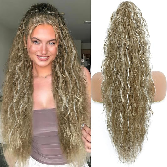Ponytail Extension, Claw Clip on Pony tails Hair Extension for Women 28 Inch Long Wavy Curly Fake Ponytail Clip in Hair Pieces for Women Fluffy Natural Looking (Flax Brown with white Highlights)
