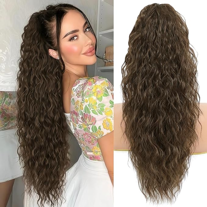 Ponytail Extension, Claw Clip on Pony tails Hair Extension for Women 22 Inch Long Wavy Curly Fake Ponytail Clip in Hair Pieces for Women Fluffy Natural Looking (Chocolate Brown, 22 Inch)
