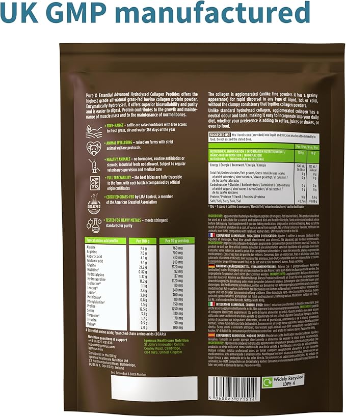 Igennus Highest Grade Hydrolyzed Collagen Peptides, Clean Label, 100% Grass Fed Bovine Collagen Protein Powder, Collagen Types 1, 2 & 3, for Women & Men, Non-GMO, Free Range, 40 Servings