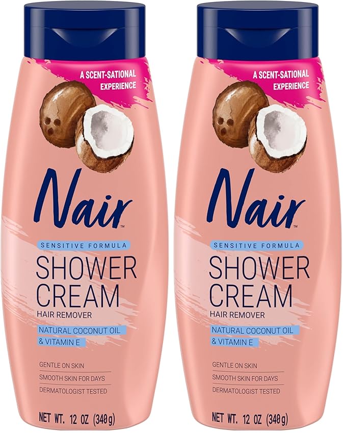 Nair Sensitive Shower Cream Hair Remover with Natural Coconut Oil and Vitamin E, Body Hair Removal Cream, 12 oz (Pack of 2)