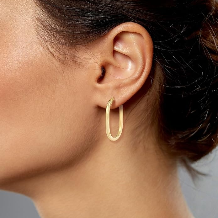 Gold Oval Tube Hoop Earrings for Women – High Polish Finish, Lightweight Hollow Design, 10K or 14K Real Gold