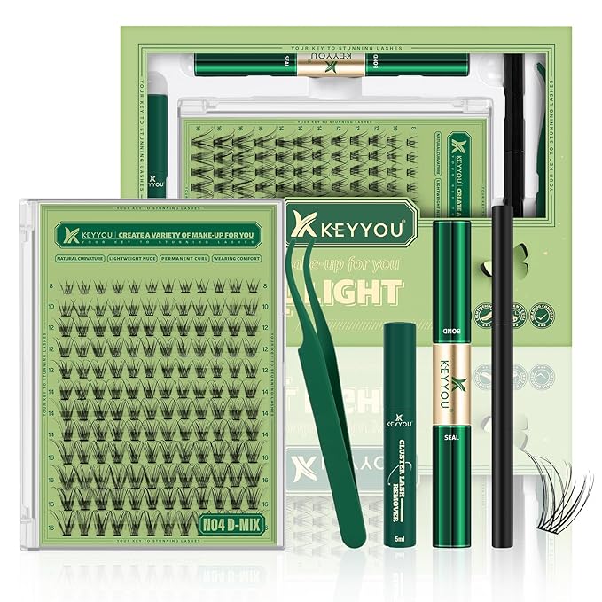 Natural Lash Clusters Kit 144Pcs DIY Lash Extension Kit Wispy Eyelash Extensions Kit D Curl 8-18MIX with Bond and Seal and tweezers with Thin Lash Band by KEYYOU（KIT-N04-D-8-18MIX）