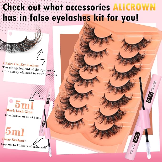 ALICROWN Mink Lashes Cat Eye Fairy Eyelashes Fuzzy Full False Eyelashes Wispy Fake Eyelashes Fox Eye Lashes Kit with Lash Bond and Seal 7 Pairs