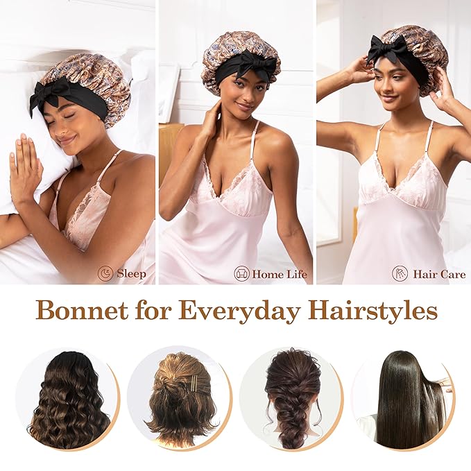 Tie Band Silk Satin Bonnet for Sleeping Hair: Women Sleep Night Wrap Cap for Straight Wavy Curly Coily Kinky Natural Hair Head - Bohemia