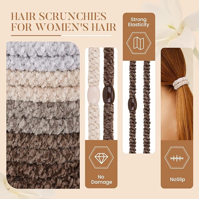 Braided Hair Ties No Damage, 10 Pcs Soft Plush Hair Bands for Women's Hair, Bracelet Hair Elastics & Ponytail Holders for Thick Hair - Brown