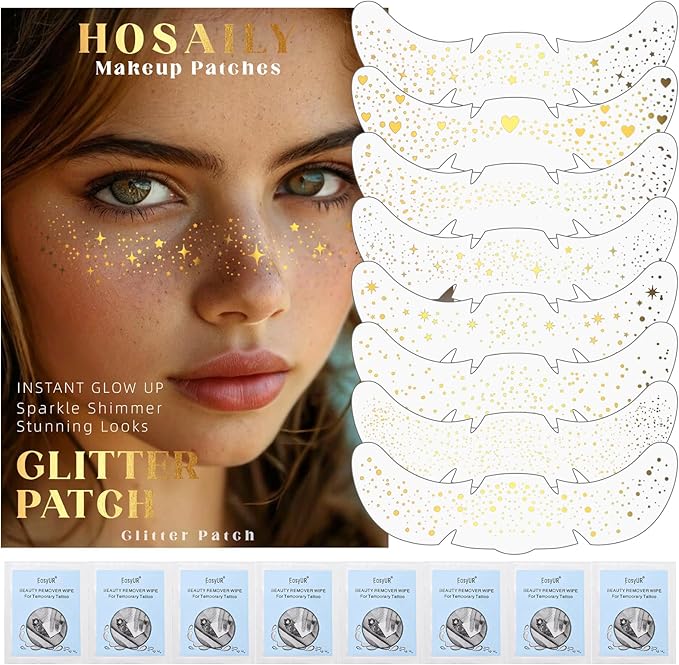 HOSAILY 8 pcs Gold Glitter Freckles Face Tattoo, Waterproof Sparkle Face Glitter Speckles Patches for Women, Cute Star Glow up Glitter Temporary Tattoo Makeup Accessories for Festival Rave