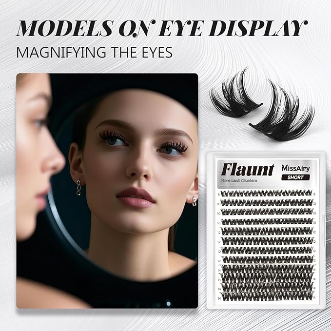 Flaunt Lash Clusters Kit Flora Short 8-14mm Light-Volume Wispy Eyelash Clusters D Curl DIY Eyelash Extension Kit Spiky Cat Eye Individual Lash Eyelash Clusters with 0.05mm Ultra-Thin Black Band