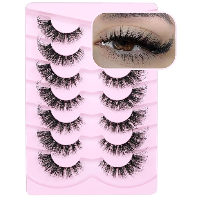 Wispy Lashes Cat Eye False Eyelashes Natural Lashes Fuzzy Strip Fake Eyelashes Fox Eye Lashes with Clear Band Lashes 7 Pairs