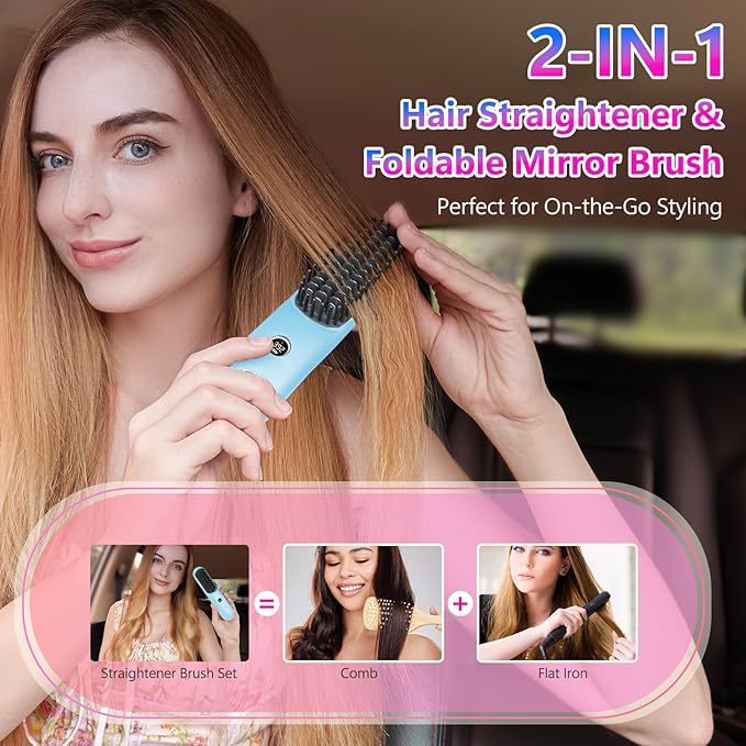 STUDLLY LCD Screen Cordless Hair Straightener Curler 2 in 1, Portable Mini Hair Straightening Brush for Travel Negative Ionic Fast Heating Hot Comb for Women, Folding Brush with Mirror, Blue