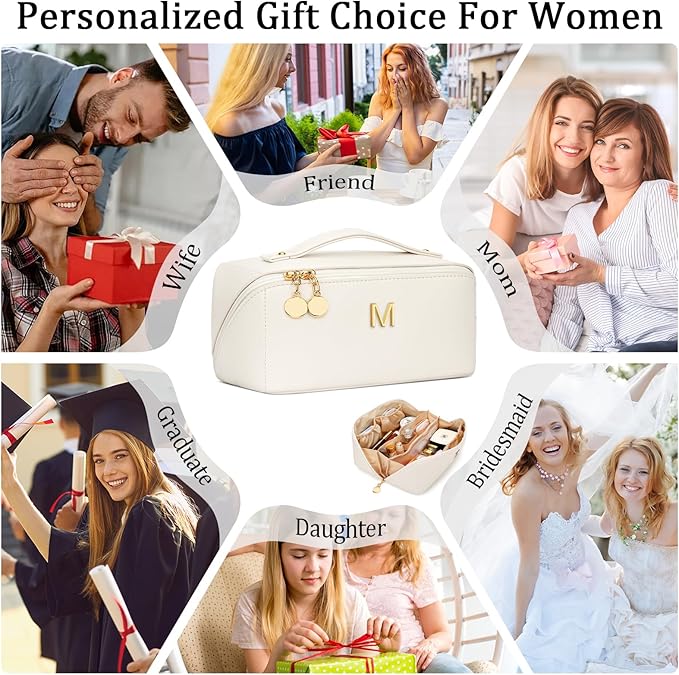 Gifts for Women Bridesmaid Gifts Personalized Initial Makeup Bag PU Leather Cosmetic Waterproof Travel Toiletry Bag (Large)