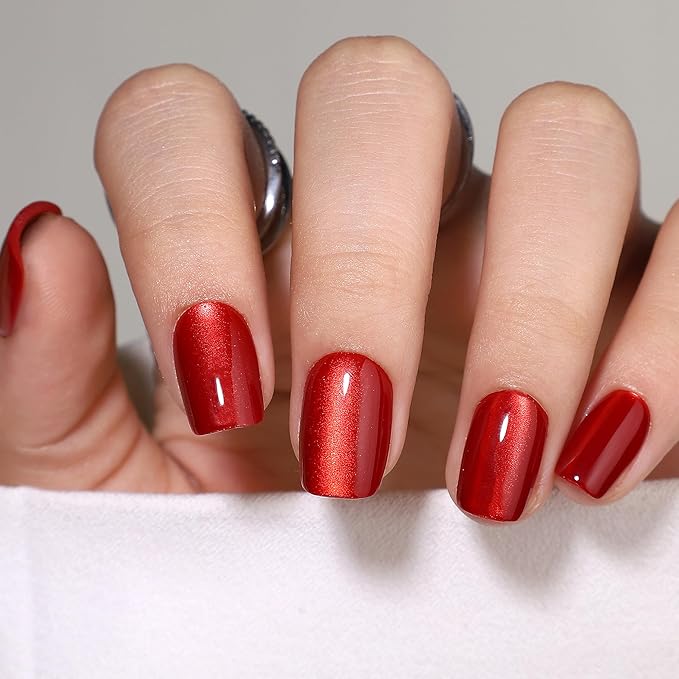 RPNZL Press On Nails - Ruby | Red Cat Eye Short Square UV Finish Nails, Salon Quality | 32 Nails, 16 Sizes Kit with Glue and Adhesive Tabs I Female Founded