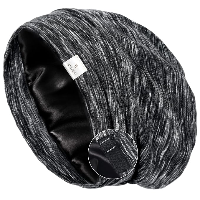 YANIBEST Silk Satin Bonnet Hair Wrap for Sleeping, Adjustable Slouchy Beanie for Women, Silk Lined for Curly Hair and Braids, Black
