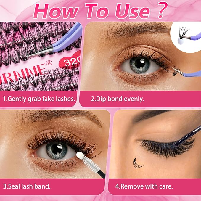 URNNE DIY Lash Extension Kit, 9-16mm Mix 30D 40D Eyelash Extensions Kit, 320pcs Individual Eyelash Clusters, Lash Clusters Kit with Bond and Seal, Remover, Tweezers