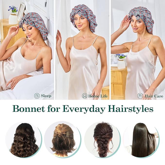 Silk Satin Bonnet for Sleeping Hair: Women Sleep Night Wrap Cap for Straight Wavy Curly Coily Kinky Natural Hair Head by Tie Band - Red & Green Crossed Flower + Pink