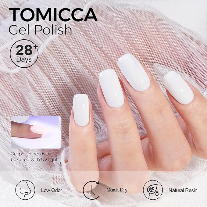 TOMICCA White Gel Nail Polish, 15ml White Gel Polish, Soak Off UV LED Soft Pale Color High Gloss Colors Long Lasting French Nail Art Manicure Salon DIY Design