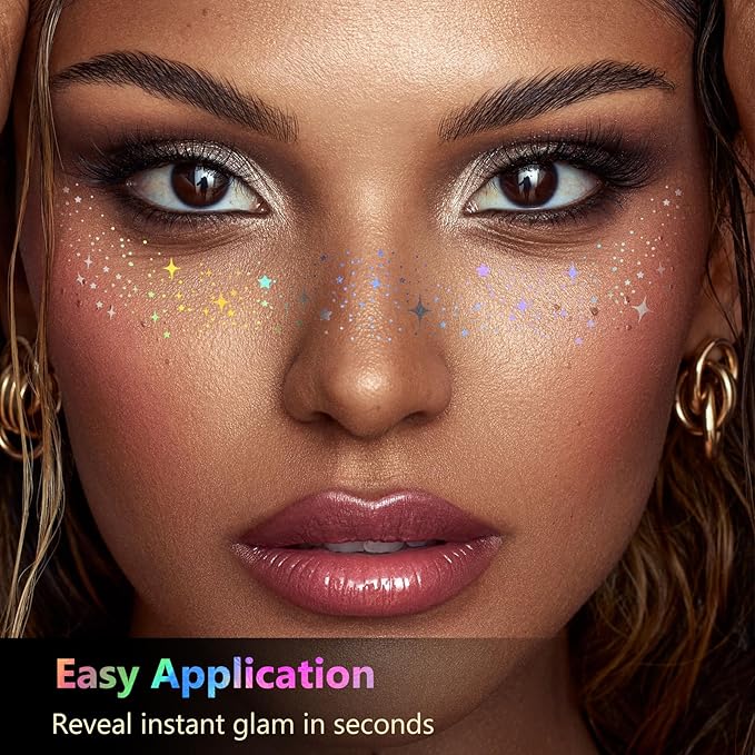 HyperFun 12Pcs Face Glitter Freckles, Face Glitter Fake Freckles Sticker, Holographic Multichrome Waterproof Sparkle Freckles Makeup Patches for Women Rave Festival Accessories Concerts Party Prom